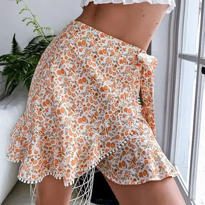 jupe boho courte fleurs oranges